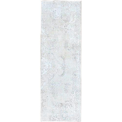 Snow White, Hand Knotted, Cropped Thin, All Natural Wool, Even Wear And Distressed Look, No Holes Fragment, White Wash, Sides And Ends Secured Professionally, Vintage Persian Tabriz, Runner Oriental 