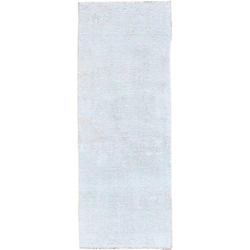 Alabaster White, Distressed Look With No Holes, Pure Wool, Hand Knotted, Evenly Worn, Sheared Low Fragment, White Washed Persian Tabriz, Sides And Ends Secured Professionally, Vintage Runner Oriental 