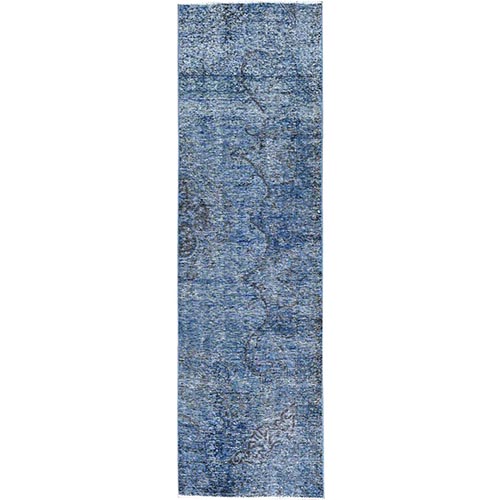 Steel Blue, Hand Knotted, Vintage Persian Tabriz Fragment, Ends And Sides Secured Professionally, Evenly Worn And Distressed With No Holes, Pure And Soft Wool, Overdyed, Sheared Low, Runner Oriental 