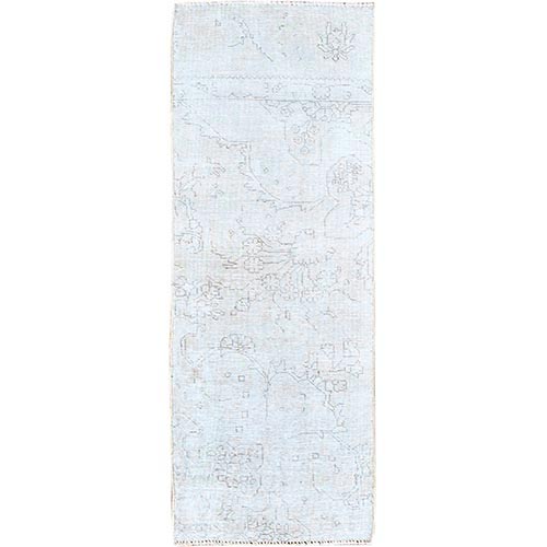Old Wood White, Hand Knotted, Soft And Velvety Wool Fragment, Evenly Worn And Distressed, Hand Knotted, Cropped Thin, White Washed Vintage Persian Tabriz, Runner Oriental 