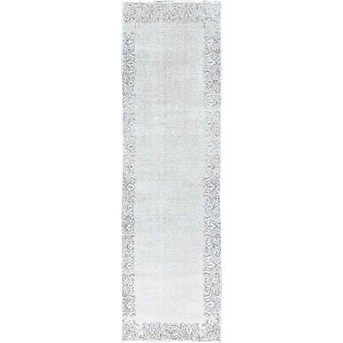 Cough Mixture White, Cropped Thin, Natural And Soft Wool, Hand Knotted, Even Wear, Open Field Border Design, White Wash, Ends And Sides Secured, Vintage Persian Tabriz, Runner Oriental 