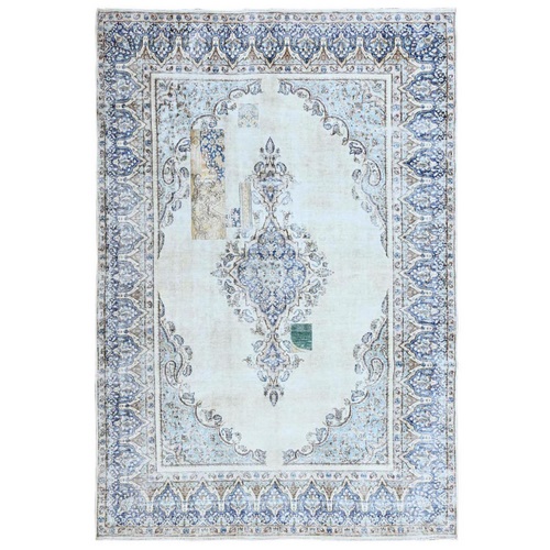 Misty Blue, Vintage Persian Kerman, Sheared Thin, Dense Weave, Nicely Done Patches, 100% Wool, Hand Knotted Oriental Rug