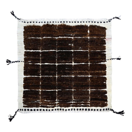 Chocolate Brown, Natural Undyed Wool, Moroccan Weave, Grid Design Sample, Hand Knotted, Oriental 