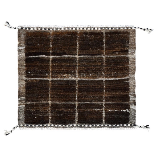 Chocolate Brown, Moroccan Weave, Grid Design Sample, Natural Undyed Wool, Hand Knotted, Oriental 