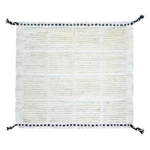 Bone White, Natural Undyed Wool, Moroccan Weave, Grid Design Sample, Hand Knotted, Oriental 