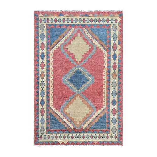 Rouge Pink, Anatolian Geometric Village Design, Zero Pile, Shaved Low, 100% Wool, Hand Knotted, Oriental Rug