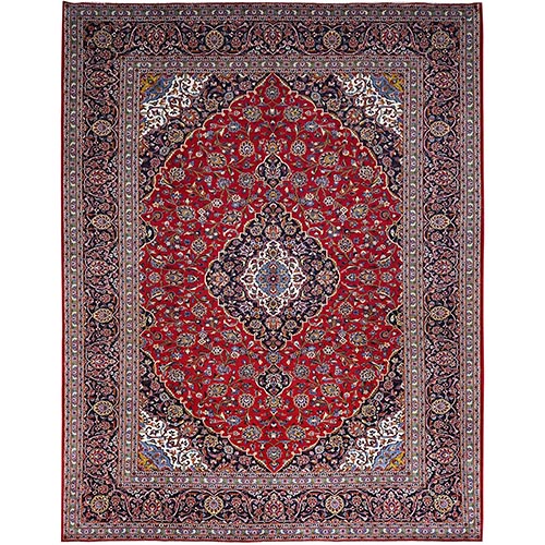Carmine Red, All Natural Wool, Hand Knotted, Persian Kashan, Ends Secured Professionally, Centre Curviliniar Motif, Vintage Oriental Rug
