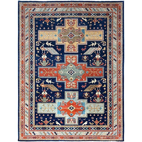 Astros Navy Blue, Armenian Inspired Caucasian Design, 200 KPSI, Hand Knotted with Small Bird Figurines, Velvety Wool, Densely Woven Vegetable Dyes Oriental Rug