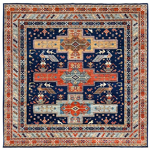 Brewers Blue, Hand Knotted, Soft And Velvety Wool, Armenian Inspired Caucasian Design with Small Birds Figurines 200 KPSI, Vegetable Dyes, Denser Weave, Square Oriental Rug