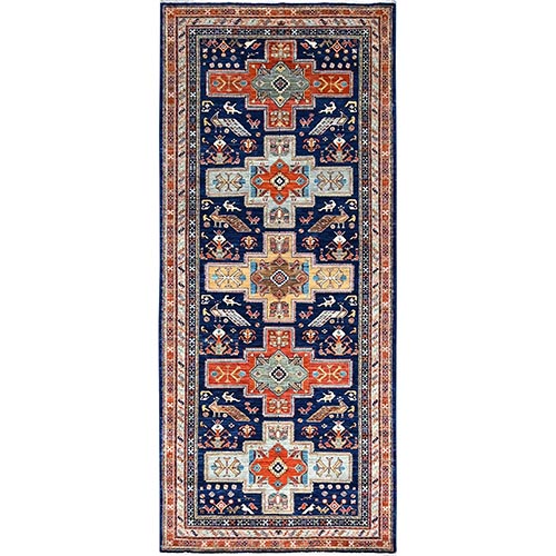 Sailor Blue, Armenian Inspired Caucasian Design, Velvety Wool, Densely Woven, Small Bird Figurines, 200 KPSI, Hand Knotted, Natural Dyes, Wide Runner, Oriental 