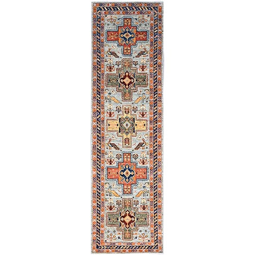 Platinum Gray, 200 KPSI Armenian Inspired Caucasian Design, Hand Knotted with Small Bird Figurines Organic Wool, Vegetable Dyes Densely Woven Runner Oriental 