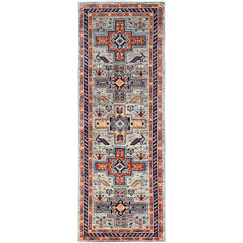 Rustic Gray with Colorful Armenian Inspired Caucasian Design, Small Bird Figurines, All Wool, Densely Woven, 200 KPSI, Hand Knotted, Natural Dyes, Runner Oriental Rug