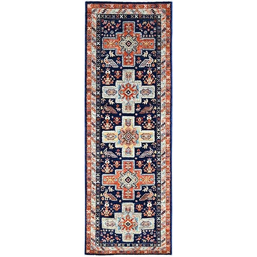 Yale Blue, Hand Knotted, Denser Weave, Vegetable Dyes With Colorful Armenian Inspired Caucasian Design, Small Bird Figurines, Organic Wool, 200 KPSI, Runner Oriental Rug