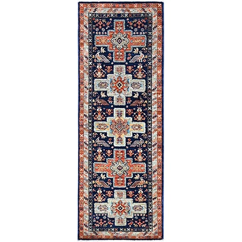 Gibraltar Sea Blue With Small Bird Figurines, 200 KPSI, Hand Knotted, Denser Weave, Natural Dyes, Armenian Inspired Caucasian Design, Organic Wool, Runner Oriental Rug