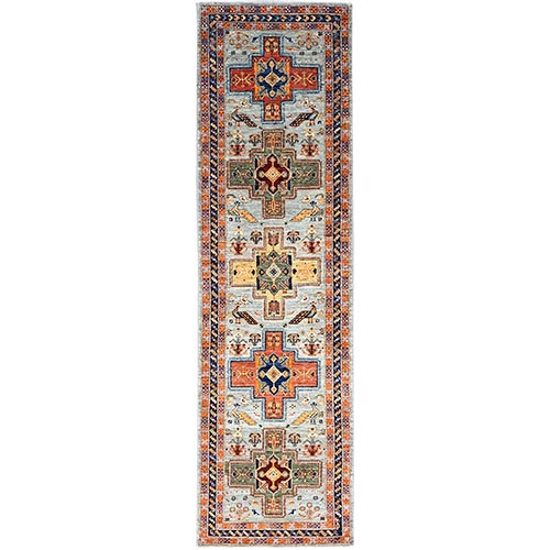 Puritan Gray With Small Bird Figurines, 200 KPSI, Organic Wool, Hand Knotted, Denser Weave, Vegetable Dyes, Colorful Armenian Inspired Caucasian Design, Runner Oriental Rug