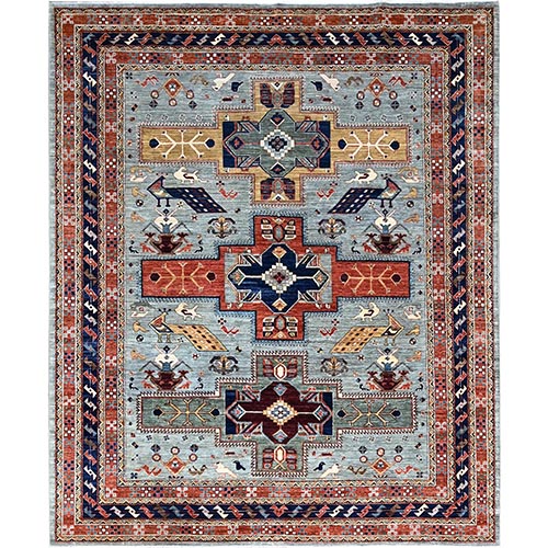 Pigeon Gray, Soft And Shiny Wool With Small Bird Figurines, Denser Weave, Armenian Inspired Caucasian Design, 200 KPSI, Hand Knotted, Natural Dyes, Oriental Rug