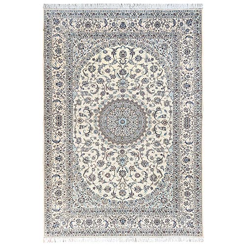 Cream White, Persian Nain with Flower Medallion Design, Wool and Silk, Hand Knotted, 400 KPSI, Oriental 