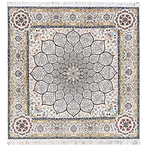 Parchment White, Persian Nain with Flower Design, Hand Knotted, Wool and Silk, 400 KPSI, Square, Oriental 