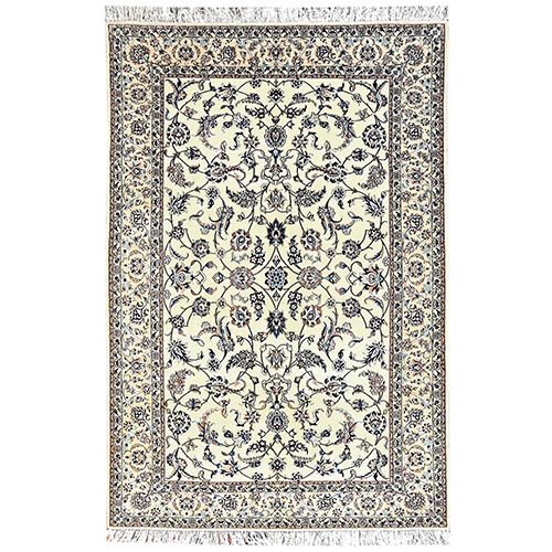 Floral White, Persian Nain with All Over Flower and Vine Design, Wool and Silk, Hand Knotted, 400 KPSI, Oriental 