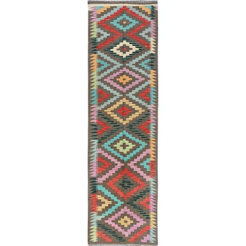 Taupe Gray, Afghan Kilim with Colorful Geometric Pattern, Vegetable Dyes, Pure Wool, Flat Weave, Hand Woven, Reversible, Runner, Oriental 