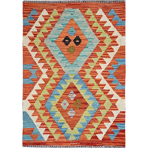 Vivid Orange, Afghan Kilim with Colorful Geometric Pattern, Flat Weave, Vegetable Dyes, Pure Wool, Hand Woven, Reversible, Mat, Oriental 