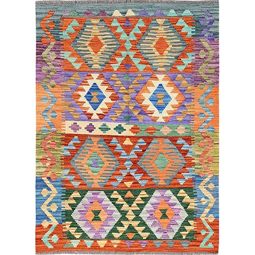 Flame Orange, Flat Weave, Afghan Kilim with Colorful Geometric Pattern, Vegetable Dyes, Pure Wool, Hand Woven, Reversible, Oriental 