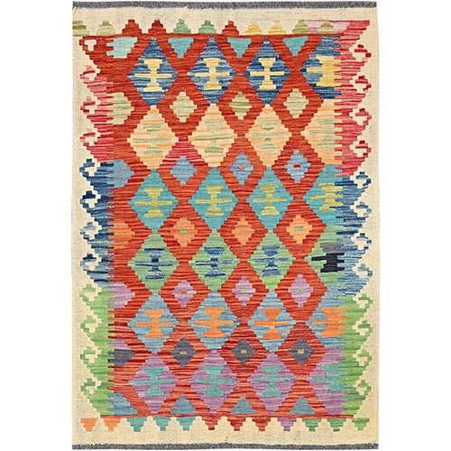 Flame Orange, Afghan Kilim with Colorful Geometric Pattern, Vegetable Dyes, Pure Wool, Hand Woven, Flat Weave, Reversible, Oriental 