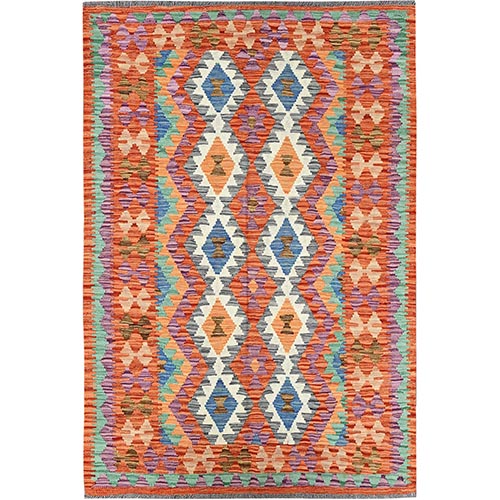 Vivid Orange, Hand Woven, Flat Weave, Afghan Kilim with Colorful Geometric Pattern, Vegetable Dyes, Pure Wool, Reversible, Oriental 