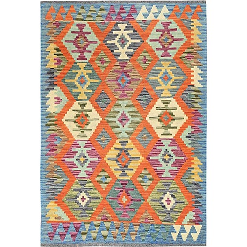 Colorful Afghan Kilim with Geometric Pattern, Vegetable Dyes, Pure Wool, Flat Weave, Hand Woven, Reversible, Oriental 