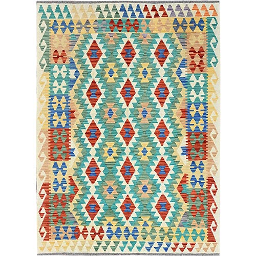 Sapphire Blue, Flat Weave, Afghan Kilim with Colorful Geometric Pattern, Vegetable Dyes, Pure Wool, Hand Woven, Reversible, Oriental 
