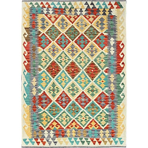 Linen White, Afghan Kilim with Colorful Geometric Pattern, Vegetable Dyes, Pure Wool, Flat Weave, Hand Woven, Reversible, Oriental 