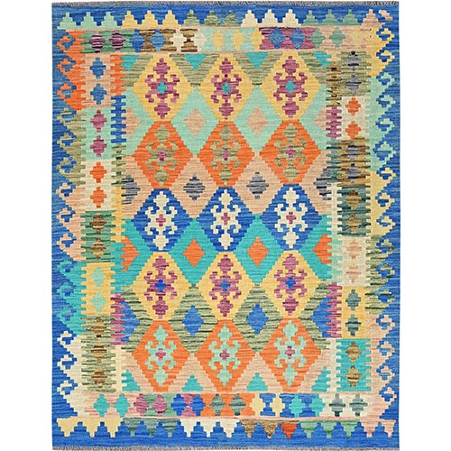 Cobalt Blue, Afghan Kilim with Colorful Geometric Pattern, Vegetable Dyes, Pure Wool, Hand Woven, Flat Weave, Reversible, Oriental 