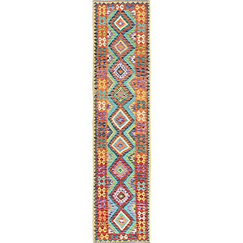 Sapphire Blue, Flat Weave, Afghan Kilim with Colorful Geometric Pattern, Vegetable Dyes, Pure Wool, Hand Woven, Reversible, Runner, Oriental 
