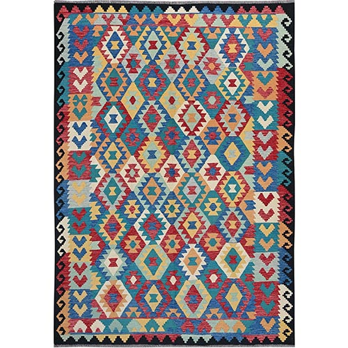 Bayern Blue, Afghan Kilim with Colorful Geometric Pattern, Vegetable Dyes, Pure Wool, Hand Woven, Flat Weave, Reversible, Oriental 
