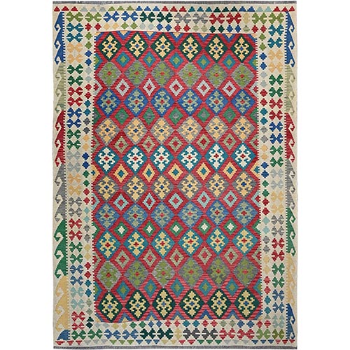 Lychee Red, Hand Woven, Afghan Kilim with Colorful Geometric Pattern, Vegetable Dyes, Pure Wool, Flat Weave, Reversible, Oriental 