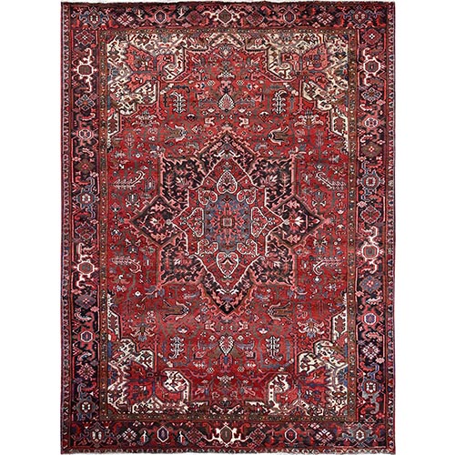 Blush Red, Vintage Persian Heriz with Flower Medallion Design, 100% Wool, Hand Knotted, Even Wear, Sheared Low, Good Condition, Sides and Ends Professionally Secured, Oriental 