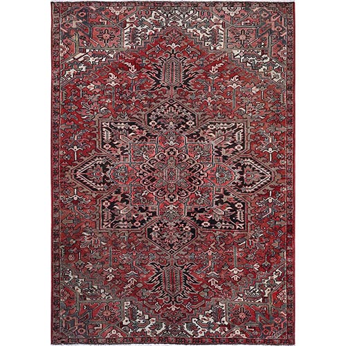 Auburn Red, Vintage Persian Heriz with Flower Medallion Design, Worn and Distressed, 100% Wool, Hand Knotted, Cropped Thin, Good Condition, Sides and Ends Professionally Secured, Oriental 