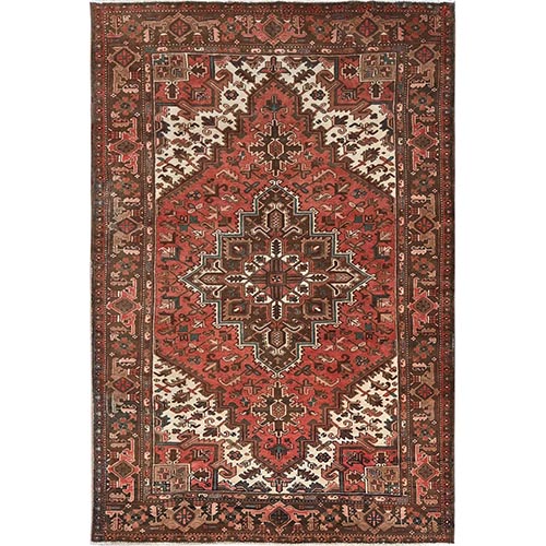 Terracotta Red, Vintage Persian Heriz with Geometric Medallion Design, Even Wear, Cropped Thin, Good Condition, Sides and Ends Professionally Secured, 100% Wool, Hand Knotted, Oriental 