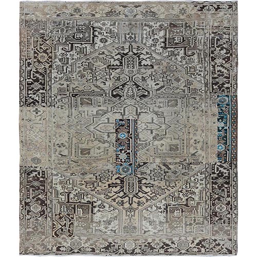 Pastel Gray, Vintage Persian Heriz with Distinct Abrash, Unique Patches, Stone Washed, Worn and Distressed, Sheared Low, Sides and Ends Professionally Secured, 100% Wool, Hand Knotted, Squarish, Oriental 