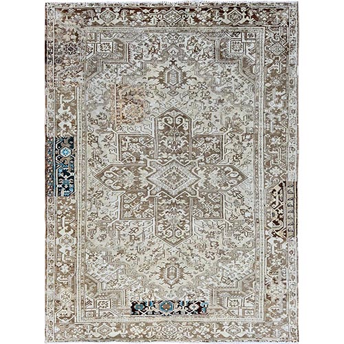 Pastel Gray, Vintage Persian Heriz with Geometric Medallion Design, Stone Washed, Unique Patches, Abrash, 100% Wool, Hand Knotted, Even Wear, Cropped Thin, Sides and Ends Professionally Secured, Oriental 