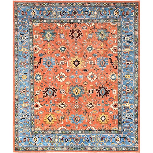 Rust Orange, Afghan Peshawar with Heriz All Over Design, Hand Knotted, Soft 100% Wool, Densely Woven, Oriental 
