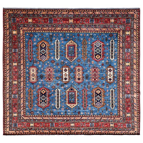 Sailor Blue, Afghan Ersari with Turkish Knot, Antique Caucasian Motif, Vegetable Dyes, Densely Woven, Hand Knotted, Soft and Velvety Wool, Square, Oriental 