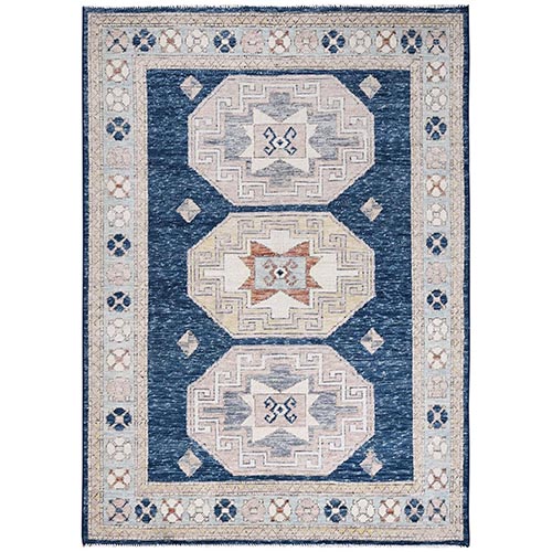 Aegean Blue, Geometric Caucasian Design, Pure Wool, Hand Knotted, Cropped Low, Zero Pile, Oriental Rug