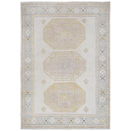 Bone White, Geometric Caucasian Design, 100% Wool, Hand Knotted, Cropped Low, Zero Pile, Oriental Rug