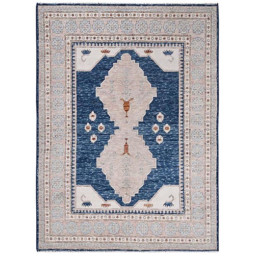 Yale Blue, Anatolian Village Inspired with Geometric Design, 100% Wool, Cropped Low, Zero Pile, Hand Knotted, Oriental Rug