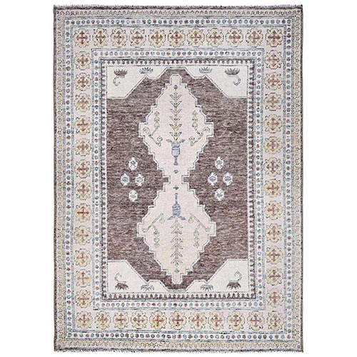 Coffee Brown, Anatolian Village Inspired with Geometric Design, Hand Knotted, Pure Wool, Cropped Low, Zero Pile, Oriental Rug