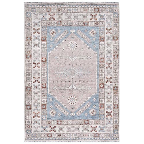 Faded Rose, Pure Wool, Anatolian Village Inspired with Geometric Design, Cropped Low, Zero Pile, Hand Knotted, Oriental Rug