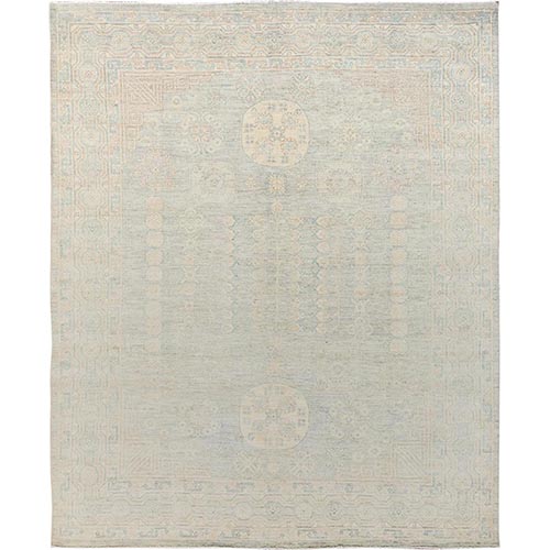 Misty Gray, White Wash Peshawar with Khotan and Samarkand Design, Hand Knotted, 100% Wool, Oriental 