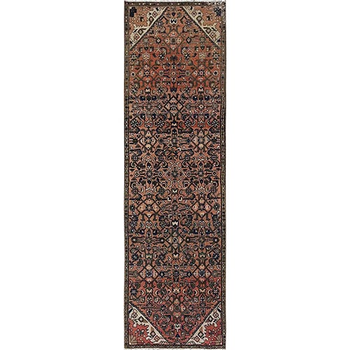 Salmon Color, Vintage Persian Hussaianabad with All Over Fish Design, Distressed, Shaved Low, Zero Pile, Sides and Ends Professionally Secured, 100% Wool, Hand Knotted, Runner, Oriental 
