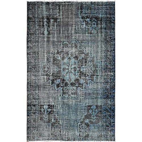 Misty Gray, Ovedyed Vintage Persian Bakhtiar with Large Medallion, Worn and Distressed, Sheared Low, Zero Pile, Sides and Ends Professionally Secured, Hand Knotted, 100% Wool, Oriental 